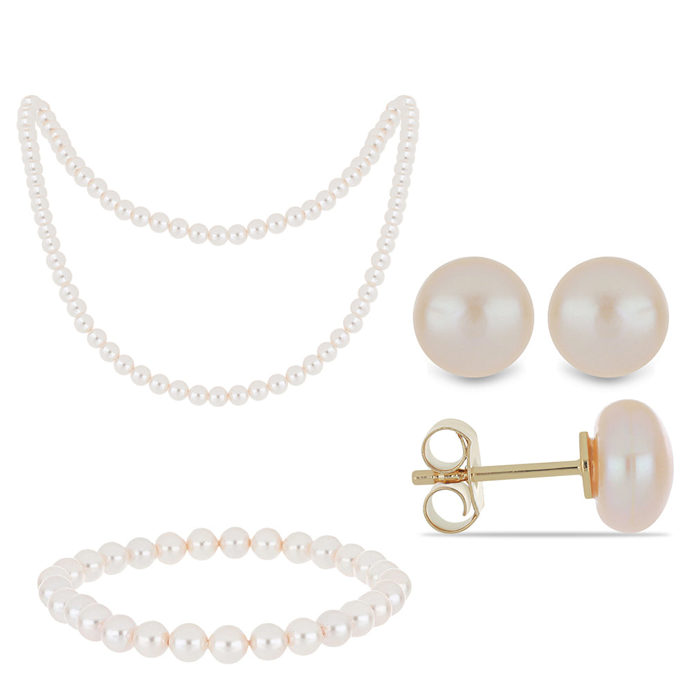 Conjunto de Plata Bañada en Oro con Perla de agua dulce melocotón ( Collar +Pendientes +Pulsera )