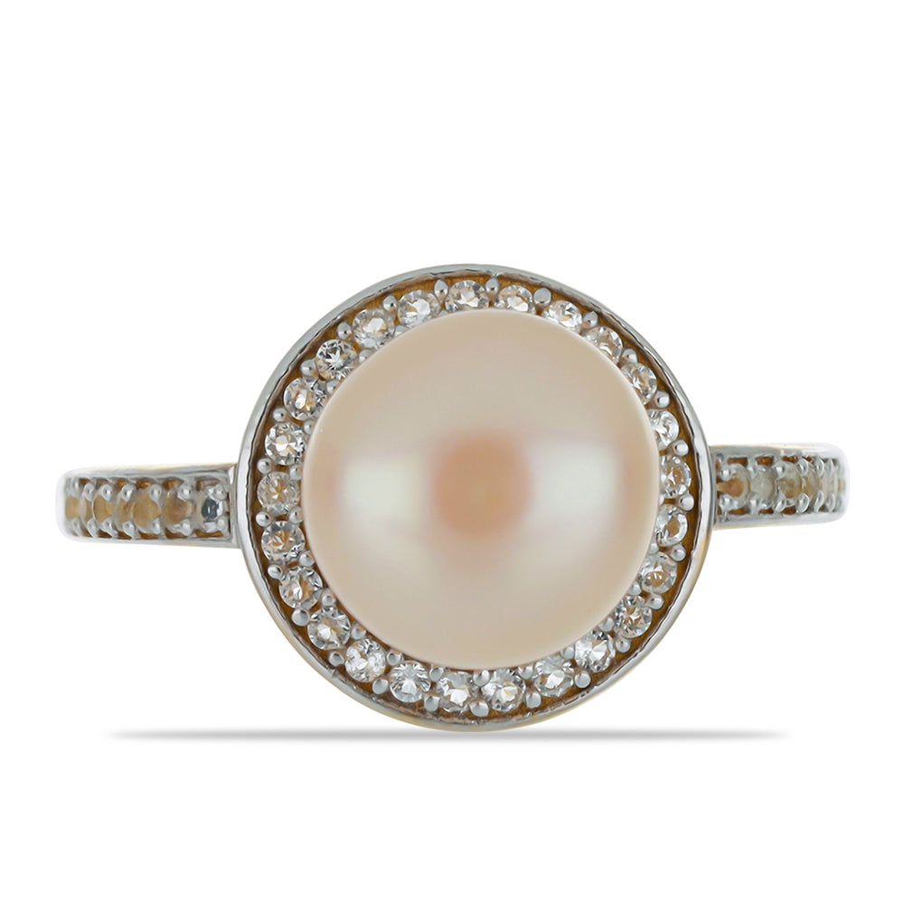 Anillo de Plata Bañada en Oro con Perla de agua dulce melocotón y Topacio Blanco 1 