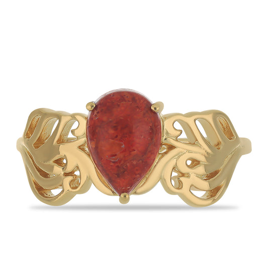 Anillo de Plata Bañada en Oro con Coral de Esponja Roja