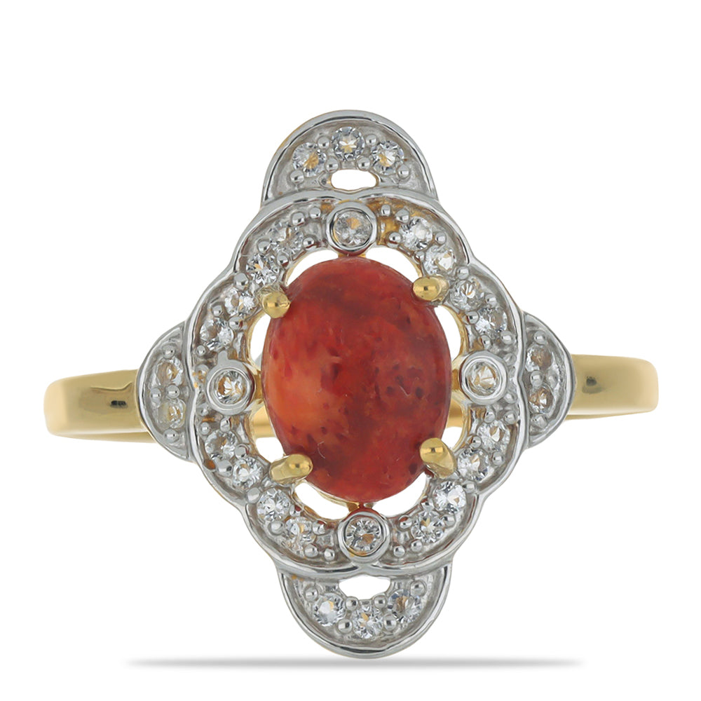 Anillo de Plata Bañada en Oro con Coral de Esponja Roja y Topacio Blanco