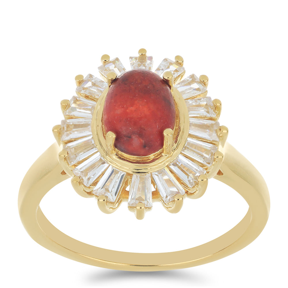 Anillo de Plata Bañada en Oro con Coral de Esponja Roja y Zircón Blanco 3 