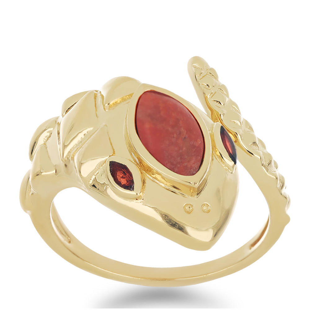 Anillo de Plata Bañada en Oro con Coral de Esponja Roja y Granate Barton