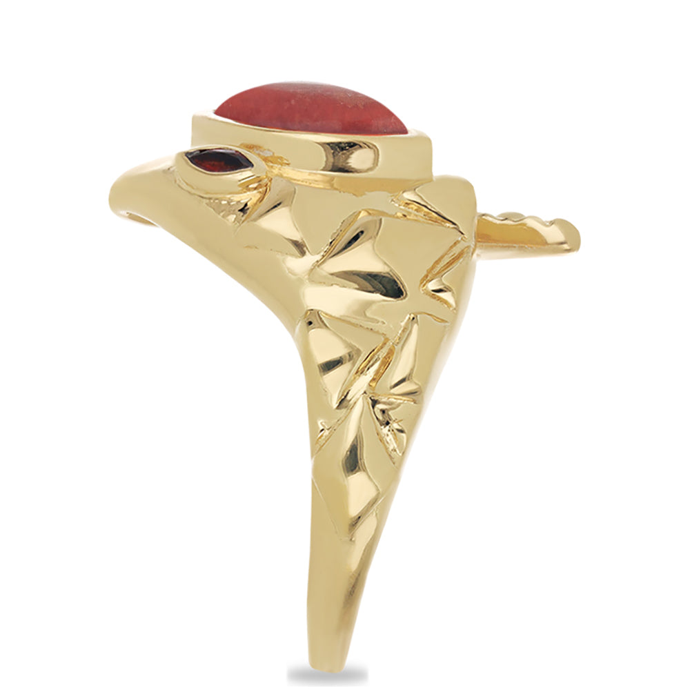 Anillo de Plata Bañada en Oro con Coral de Esponja Roja y Granate Barton