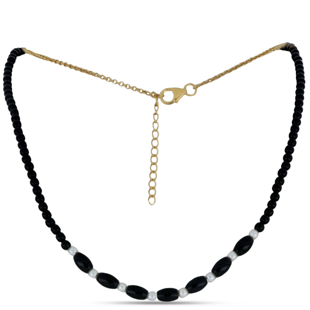 Collar de Plata Bañada en Oro con Obsidiana y Perla de Agua Dulce