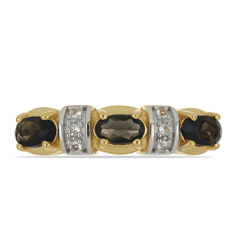 Anillo de Plata Bañada en Oro con Obsidiana y Topacio Blanco 1 