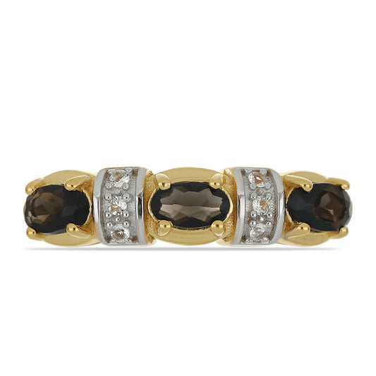 Anillo de Plata Bañada en Oro con Obsidiana y Topacio Blanco