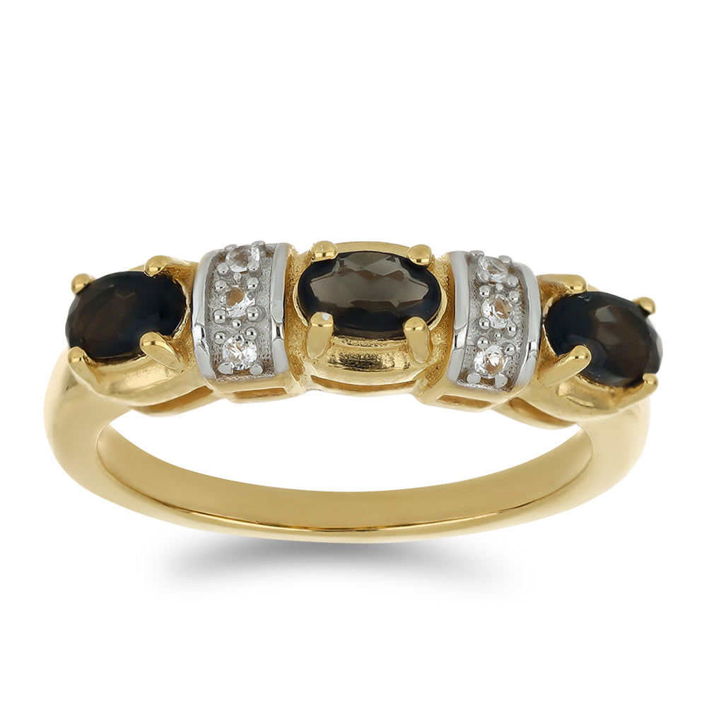 Anillo de Plata Bañada en Oro con Obsidiana y Topacio Blanco