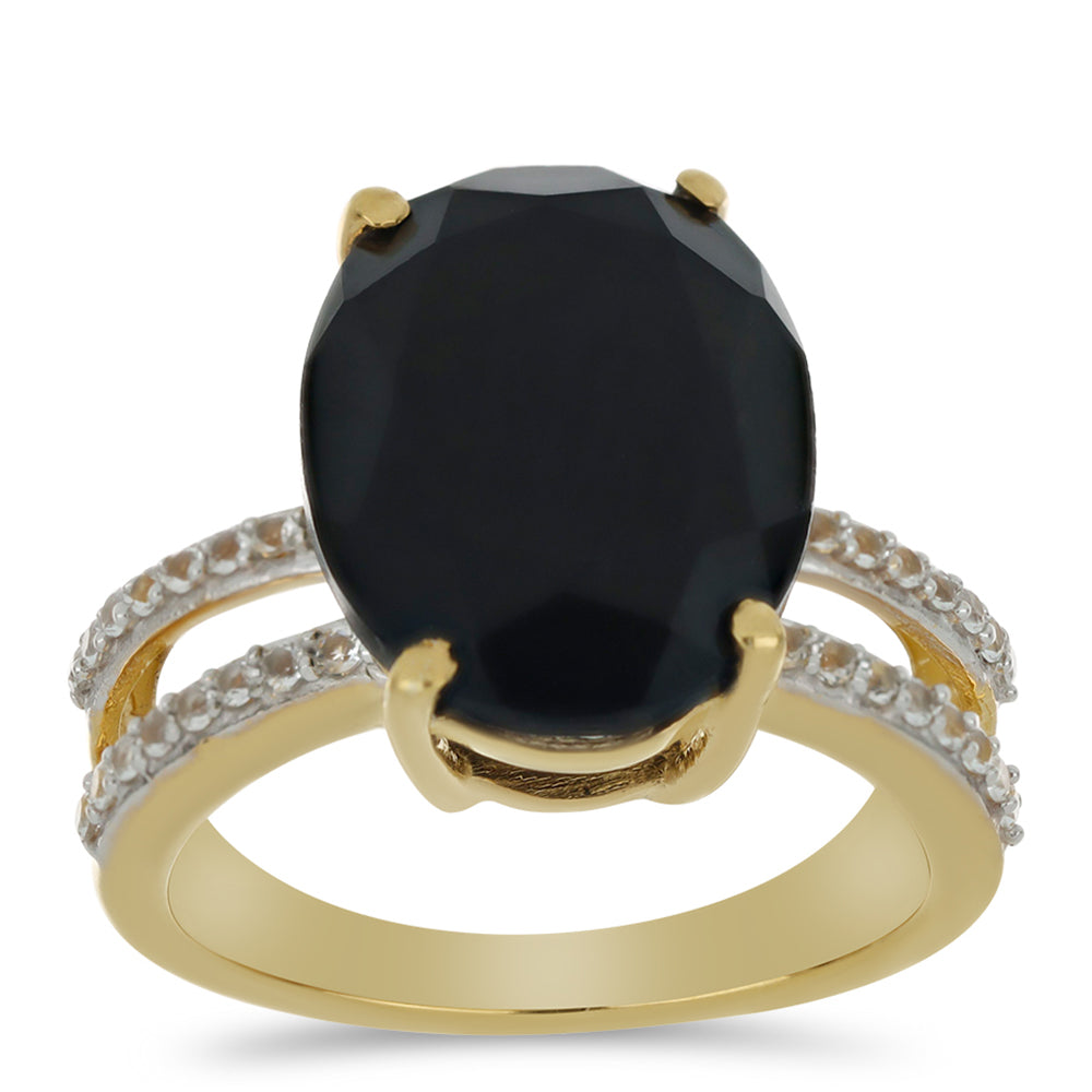 Anillo de Plata Bañada en Oro con Obsidiana y Topacio Blanco 3 