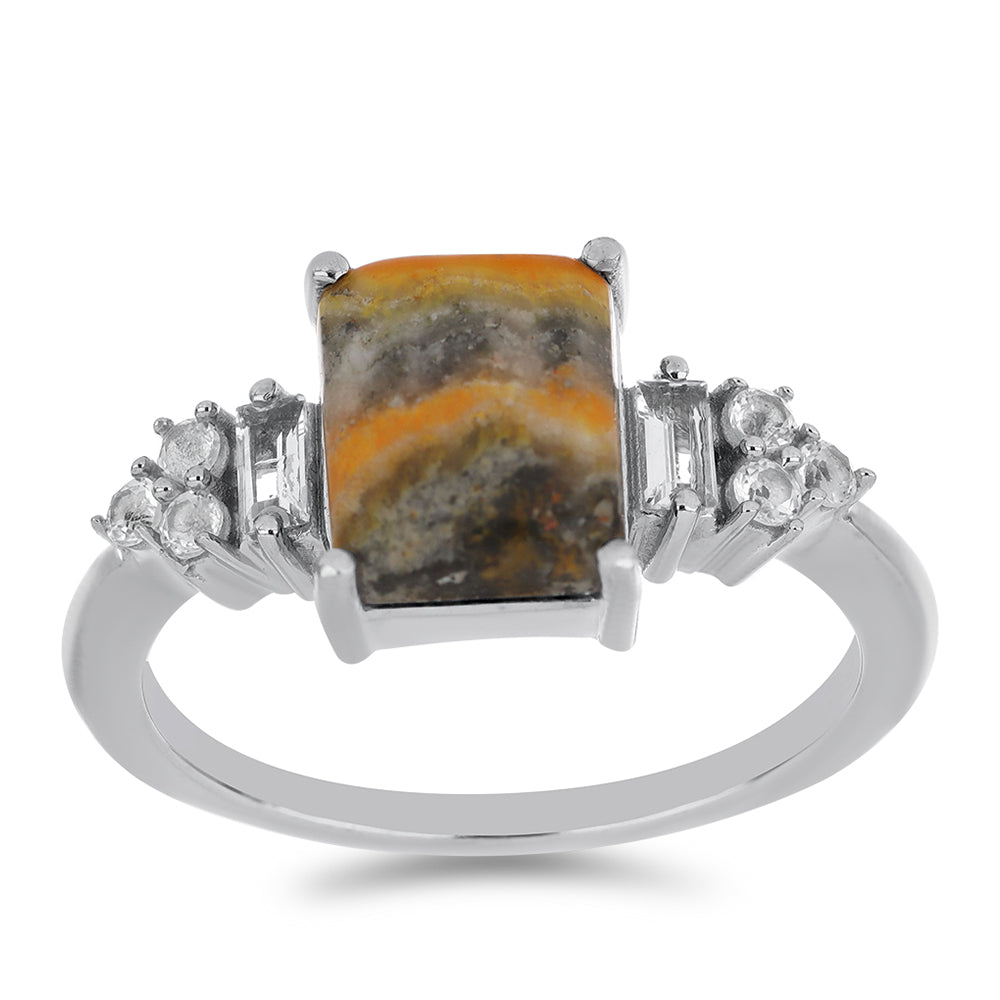 Anillo de Plata con Jasper de Bumble Bee y Topacio Blanco 3 