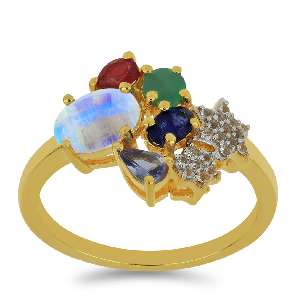 Anillo de Plata Bañada en Oro con Piedra Lunar Arco Iris y Tanzanita