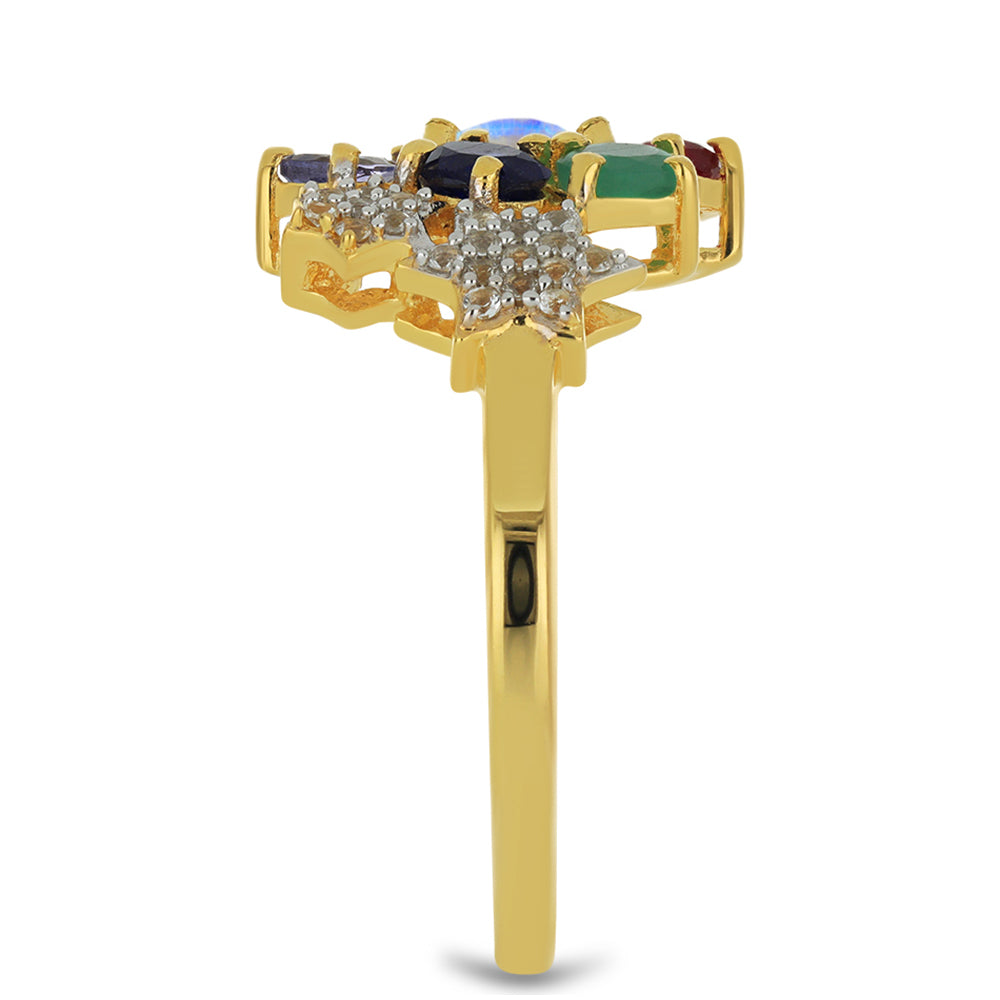 Anillo de Plata Bañada en Oro con Piedra Lunar Arco Iris y Tanzanita 4 