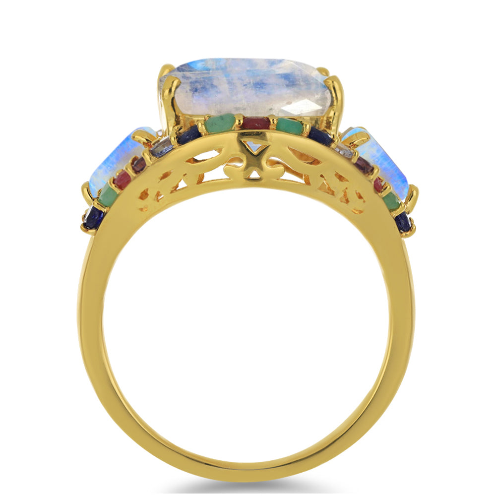 Anillo de Plata Bañada en Oro con Piedra Lunar Arco Iris y Tanzanita 2 