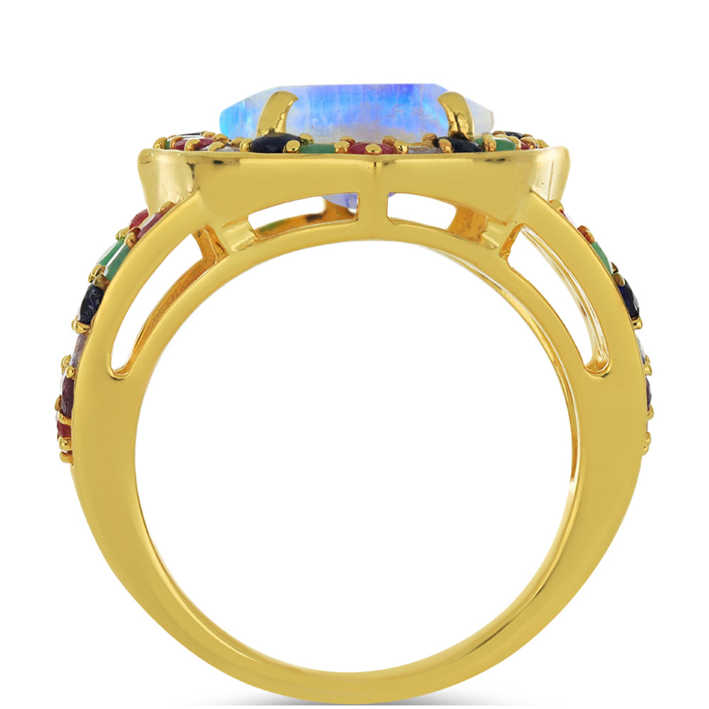 Anillo de Plata Bañada en Oro con Piedra Lunar Arco Iris y Tanzanita