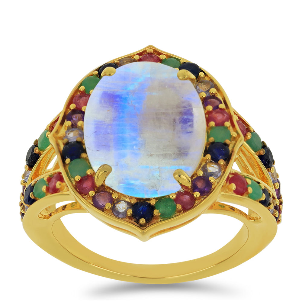 Anillo de Plata Bañada en Oro con Piedra Lunar Arco Iris y Tanzanita