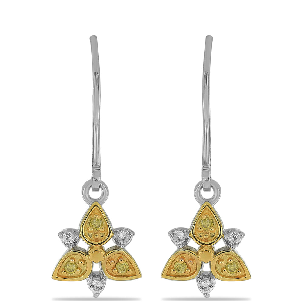 Pendientes de Plata Bañada en Oro con Diamante Amarillo y Topacio Blanco