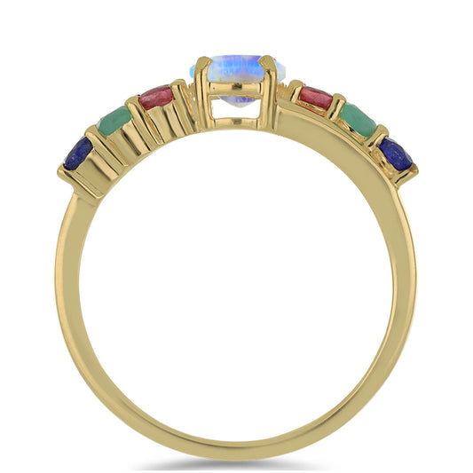 Anillo de Plata Bañada en Oro con Piedra Lunar Arco Iris y Rubí de Madagascar