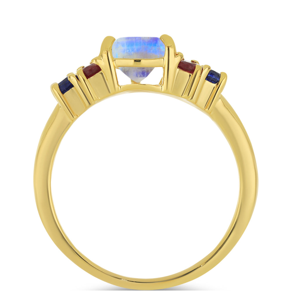 Anillo de Plata Bañada en Oro con Piedra Lunar Arco Iris y Rubí de Madagascar 2 