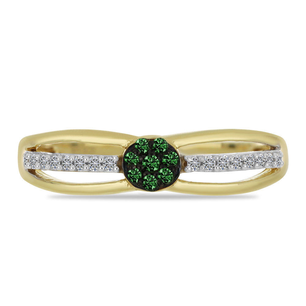 Anillo de Plata Bañada en Oro con Diamante Verde y Diamante blanco