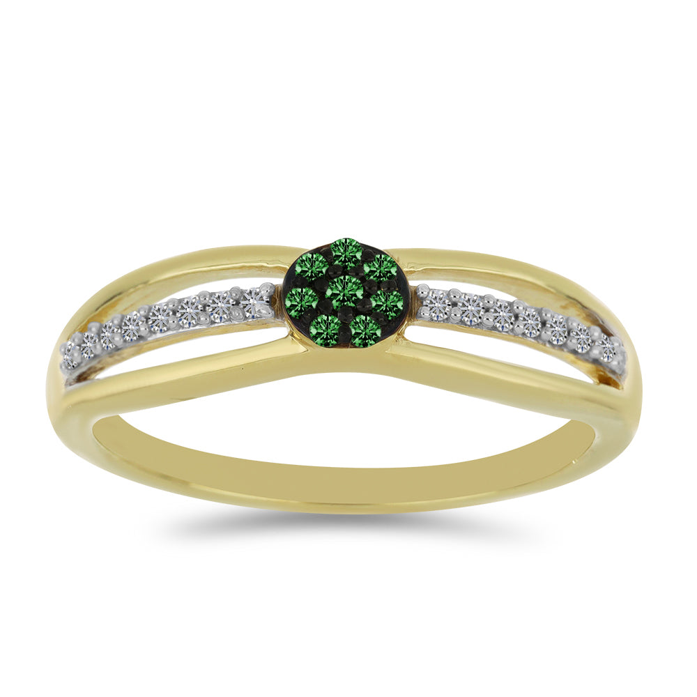 Anillo de Plata Bañada en Oro con Diamante Verde y Diamante blanco