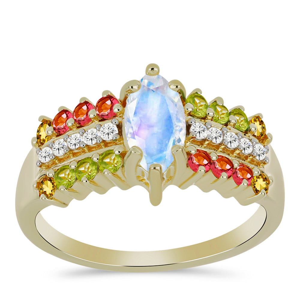 Anillo de Plata Bañada en Oro con Piedra Lunar Arco Iris y Turmalina Arco Iris Pelmadulla