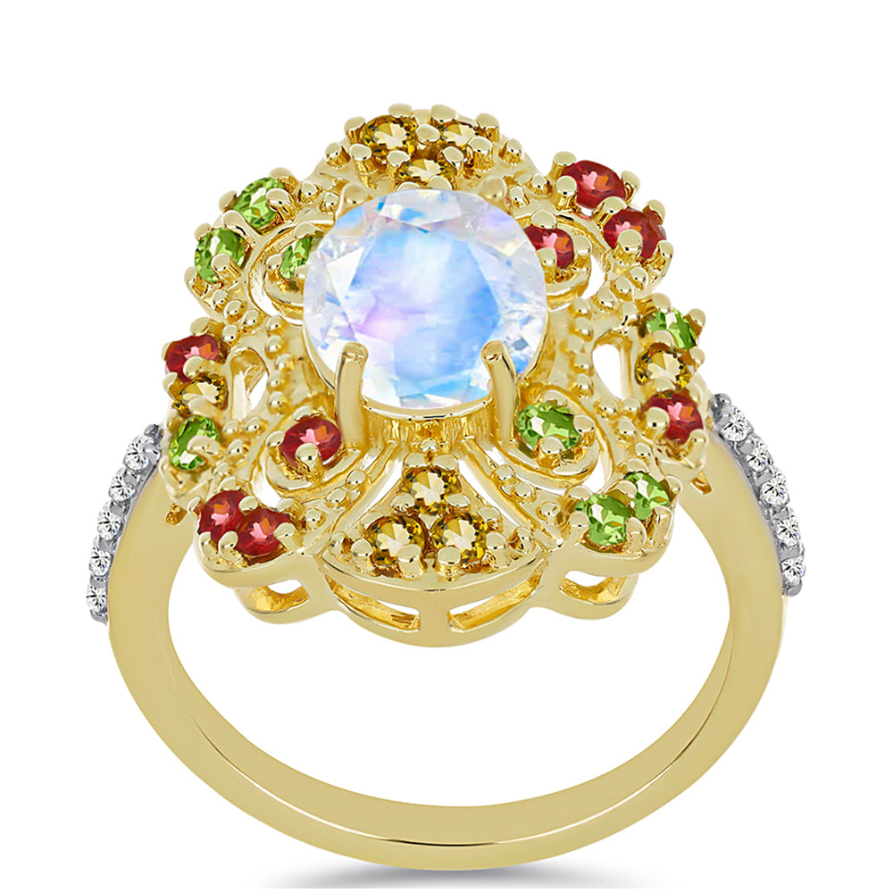 Anillo de Plata Bañada en Oro con Piedra Lunar Arco Iris y Turmalina Arco Iris Pelmadulla