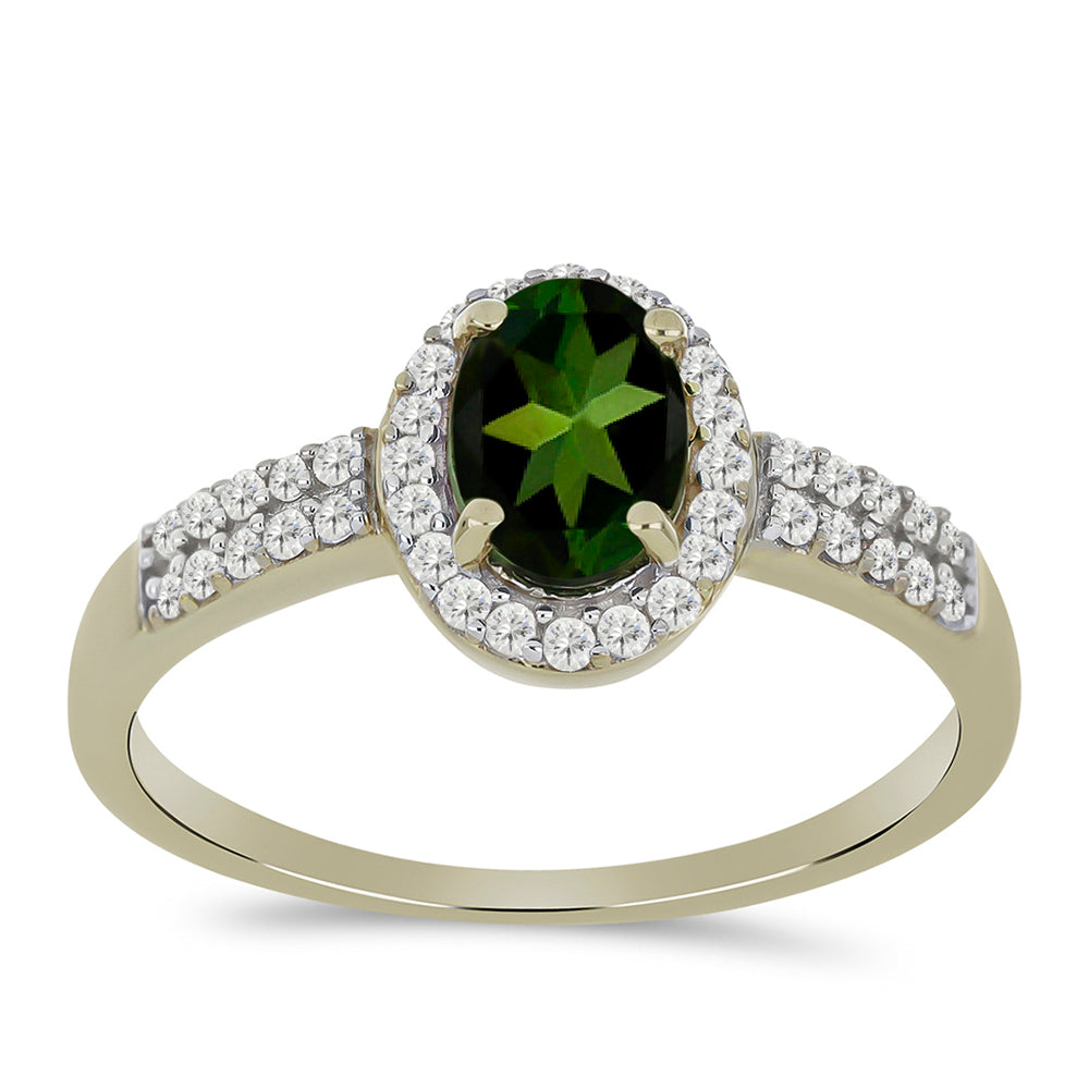 Anillo de Oro 9K con Turmalina Verde y Zircón Blanco