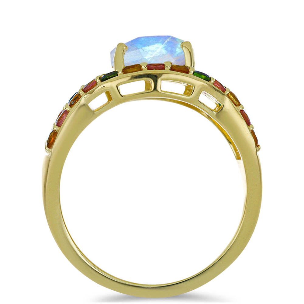 Anillo de Plata Bañada en Oro con Piedra Lunar Arco Iris y Turmalina Arco Iris Pelmadulla