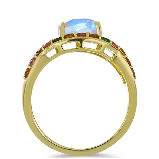 Anillo de Plata Bañada en Oro con Piedra Lunar Arco Iris y Turmalina Arco Iris Pelmadulla