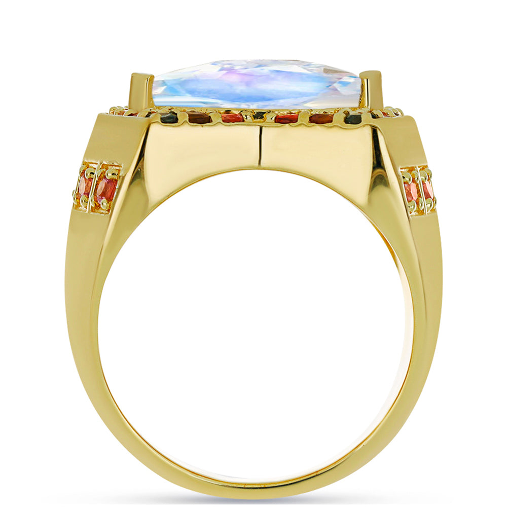 Anillo de Plata Bañada en Oro con Piedra Lunar Arco Iris y Turmalina Arco Iris Pelmadulla