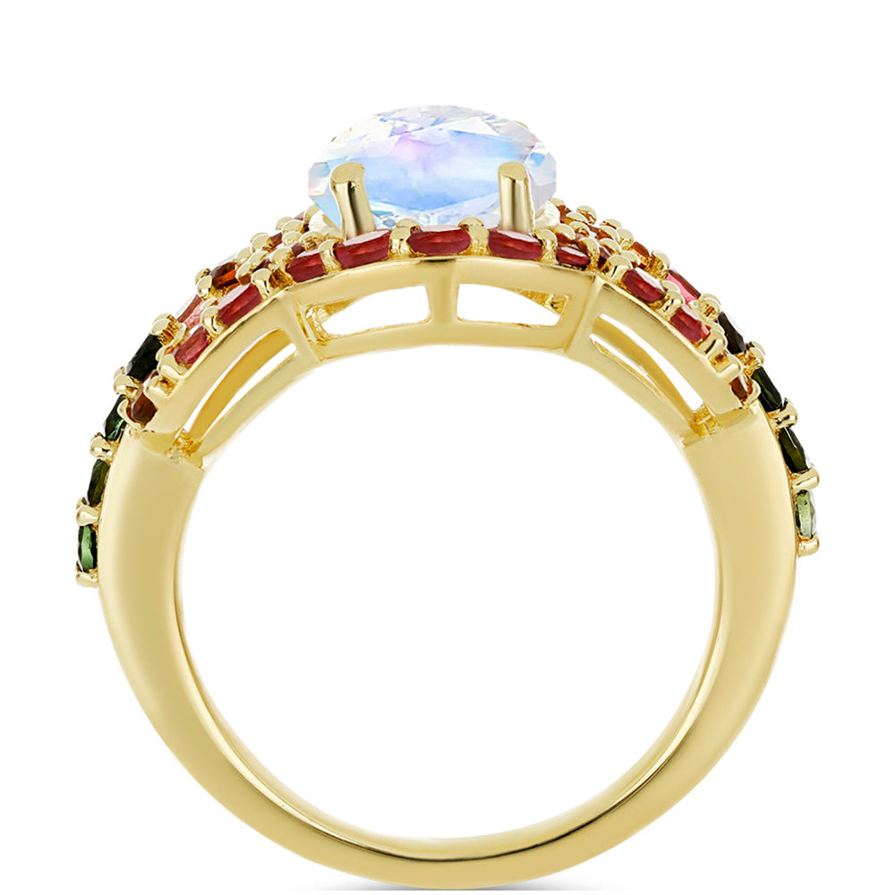 Anillo de Plata Bañada en Oro con Piedra Lunar Arco Iris y Turmalina Arco Iris Pelmadulla