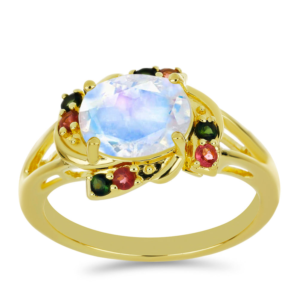 Anillo de Plata Bañada en Oro con Piedra Lunar Arco Iris y Turmalina Arco Iris Pelmadulla