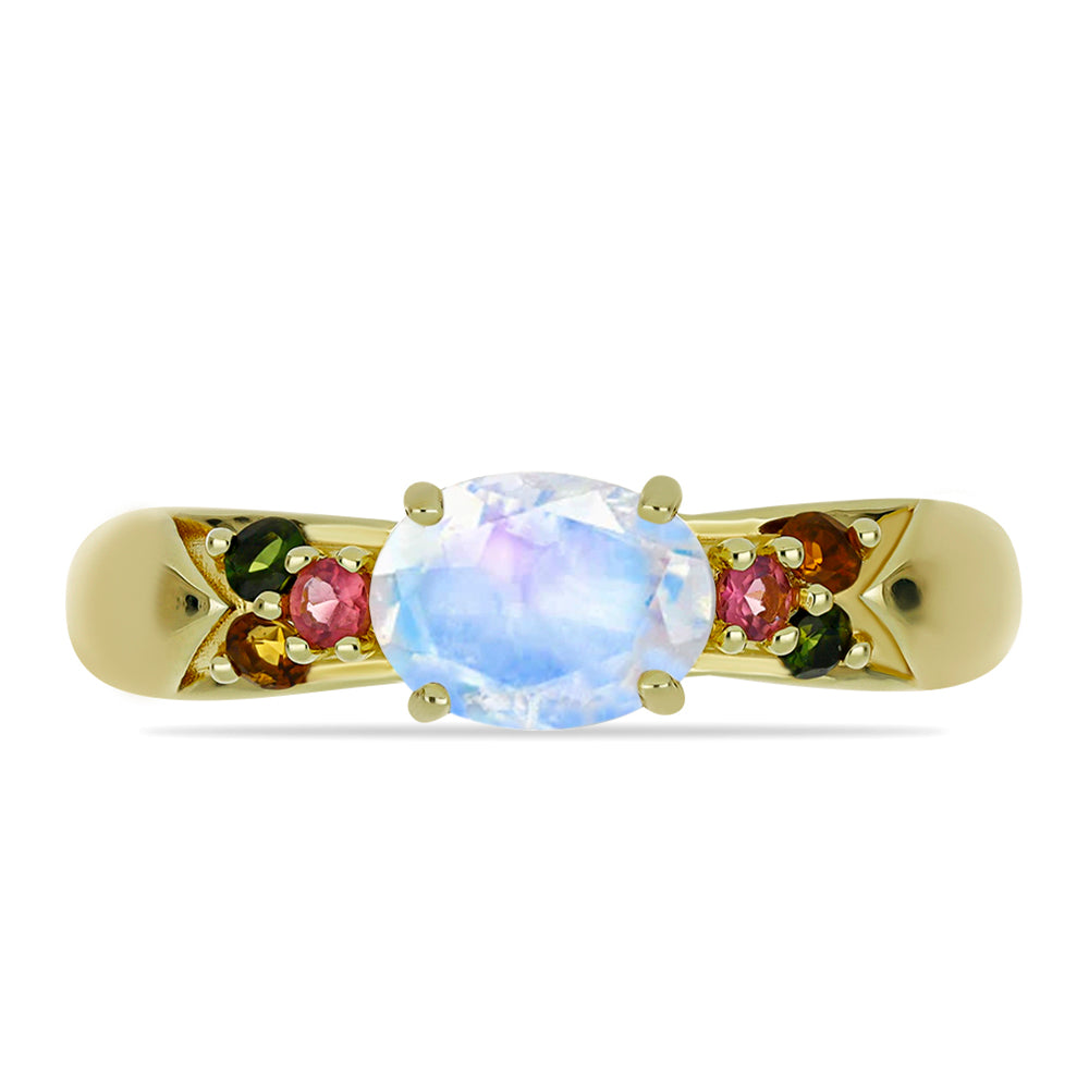 Anillo de Plata Bañada en Oro con Piedra Lunar Arco Iris y Turmalina Arco Iris Pelmadulla