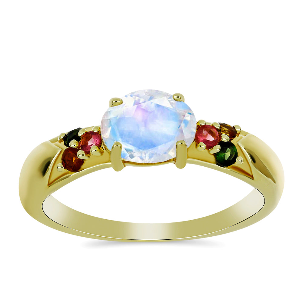 Anillo de Plata Bañada en Oro con Piedra Lunar Arco Iris y Turmalina Arco Iris Pelmadulla