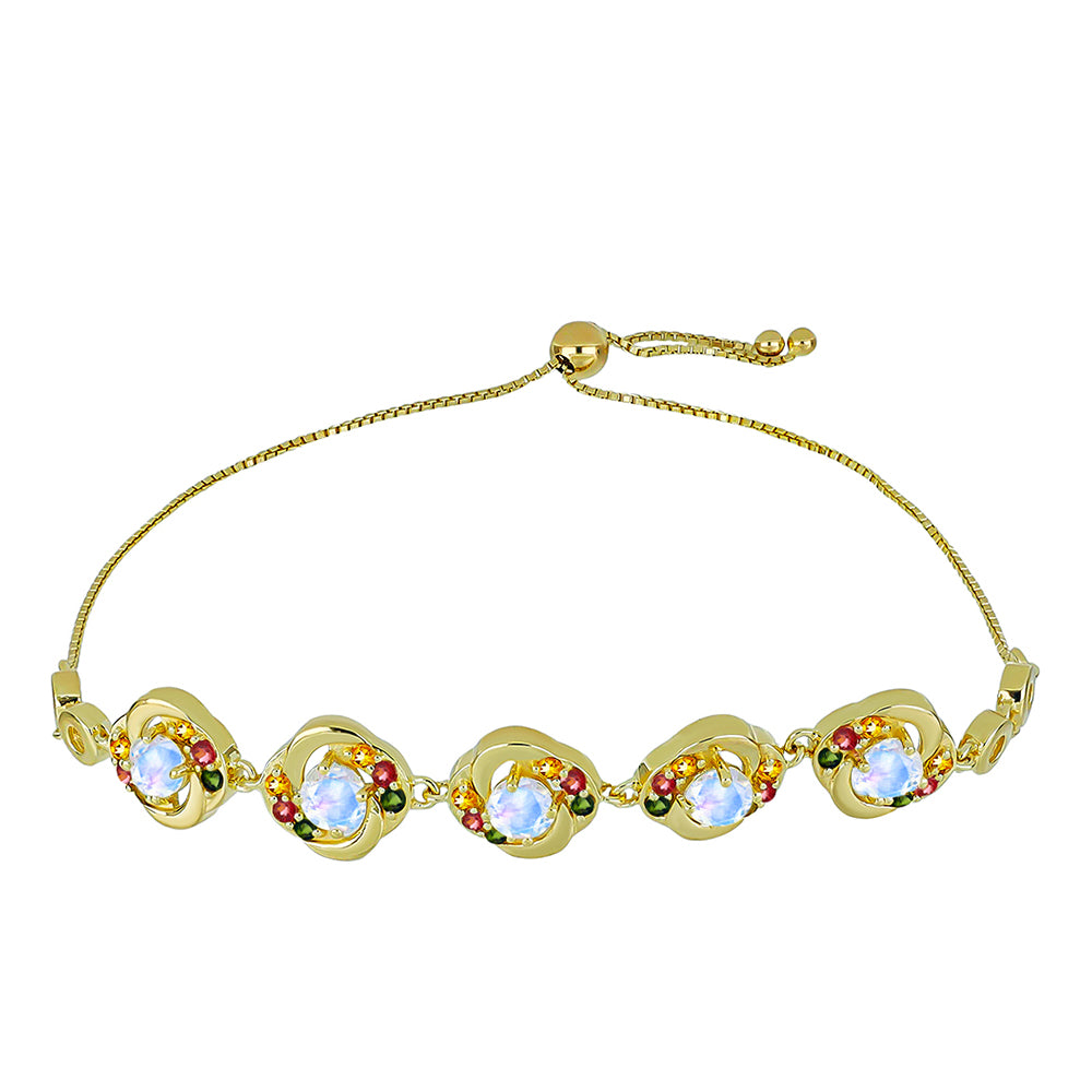 Pulsera de Plata Bañada en Oro con Piedra Lunar Arco Iris y Turmalina Arco Iris Pelmadulla