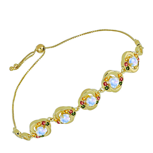 Pulsera de Plata Bañada en Oro con Piedra Lunar Arco Iris y Turmalina Arco Iris Pelmadulla