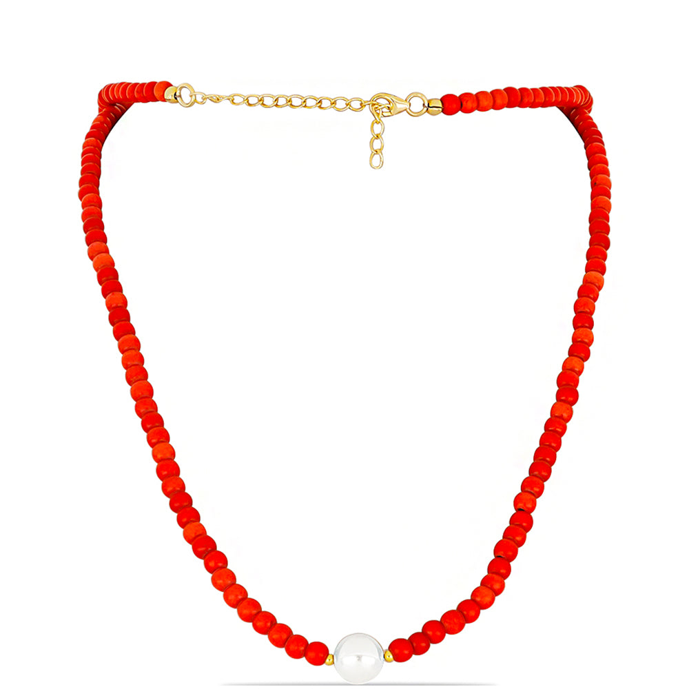 Collar de Plata Bañada en Oro con Coral Rojo y Perla de Agua Dulce 1 