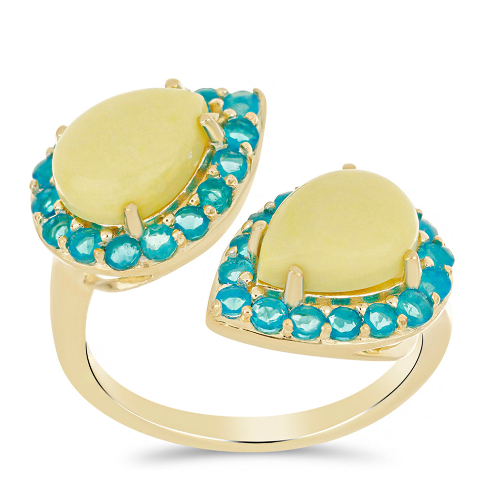 Anillo de Plata Bañada en Oro con Serpentina Amarilla y Ópalo Azul Paraiba de Etiopía