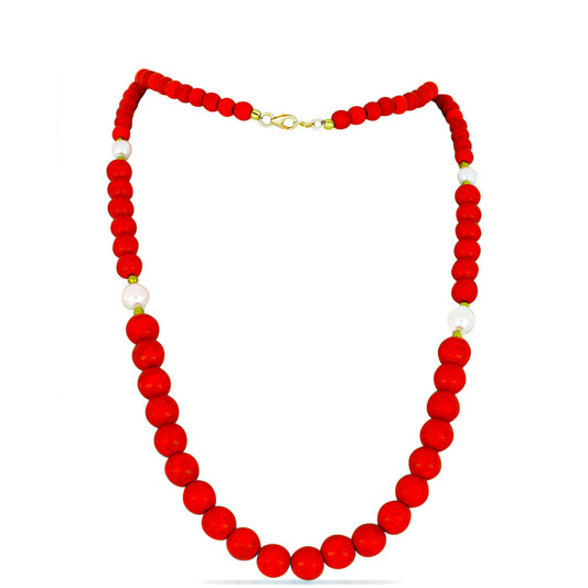 Collar de Plata Bañada en Oro con Coral Rojo y Perla de Agua Dulce