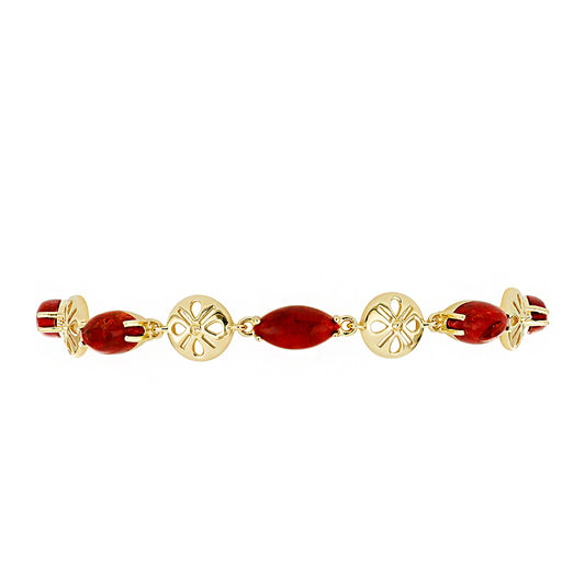 Pulsera de Plata Bañada en Oro con Coral Rojo