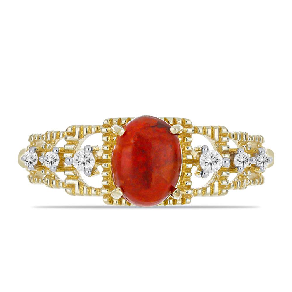 Anillo de Plata Bañada en Oro con Coral Rojo y Topacio Blanco 1 