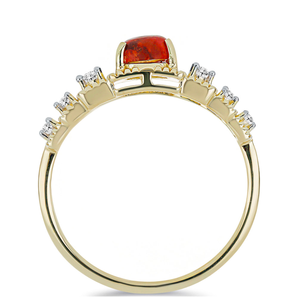 Anillo de Plata Bañada en Oro con Coral Rojo y Topacio Blanco