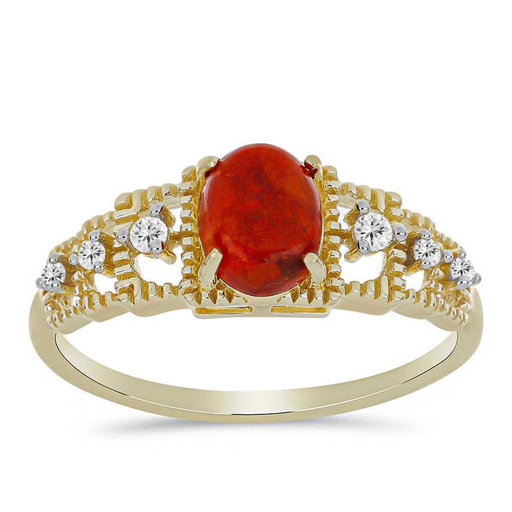 Anillo de Plata Bañada en Oro con Coral Rojo y Topacio Blanco 3 