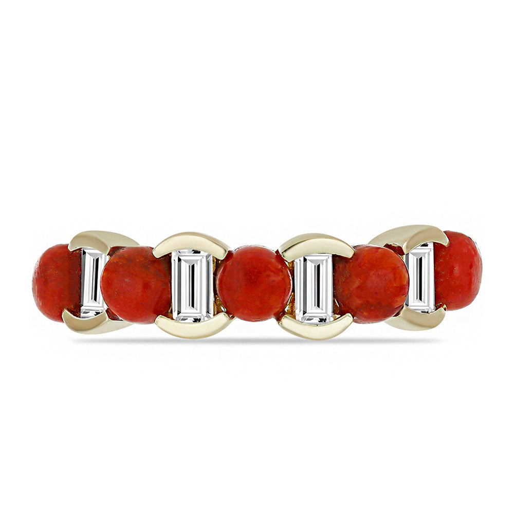 Anillo de Plata Bañada en Oro con Coral Rojo y Topacio Blanco 1 