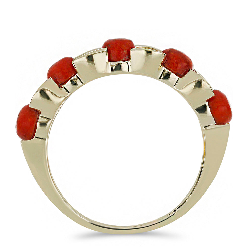 Anillo de Plata Bañada en Oro con Coral Rojo y Topacio Blanco 2 