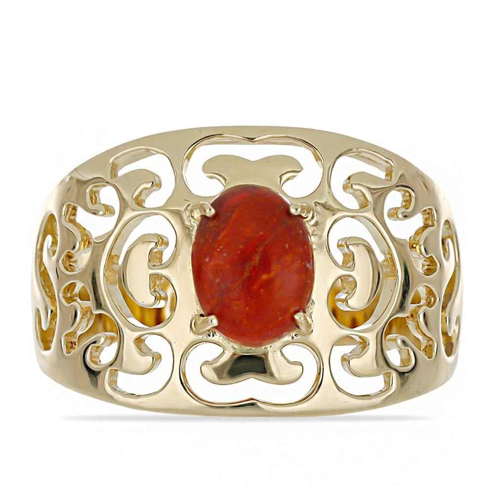 Anillo de Plata Bañada en Oro con Coral Rojo