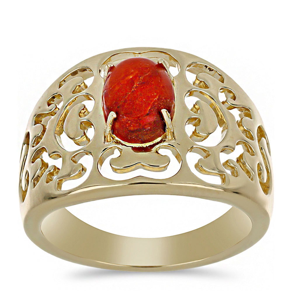 Anillo de Plata Bañada en Oro con Coral Rojo 3 