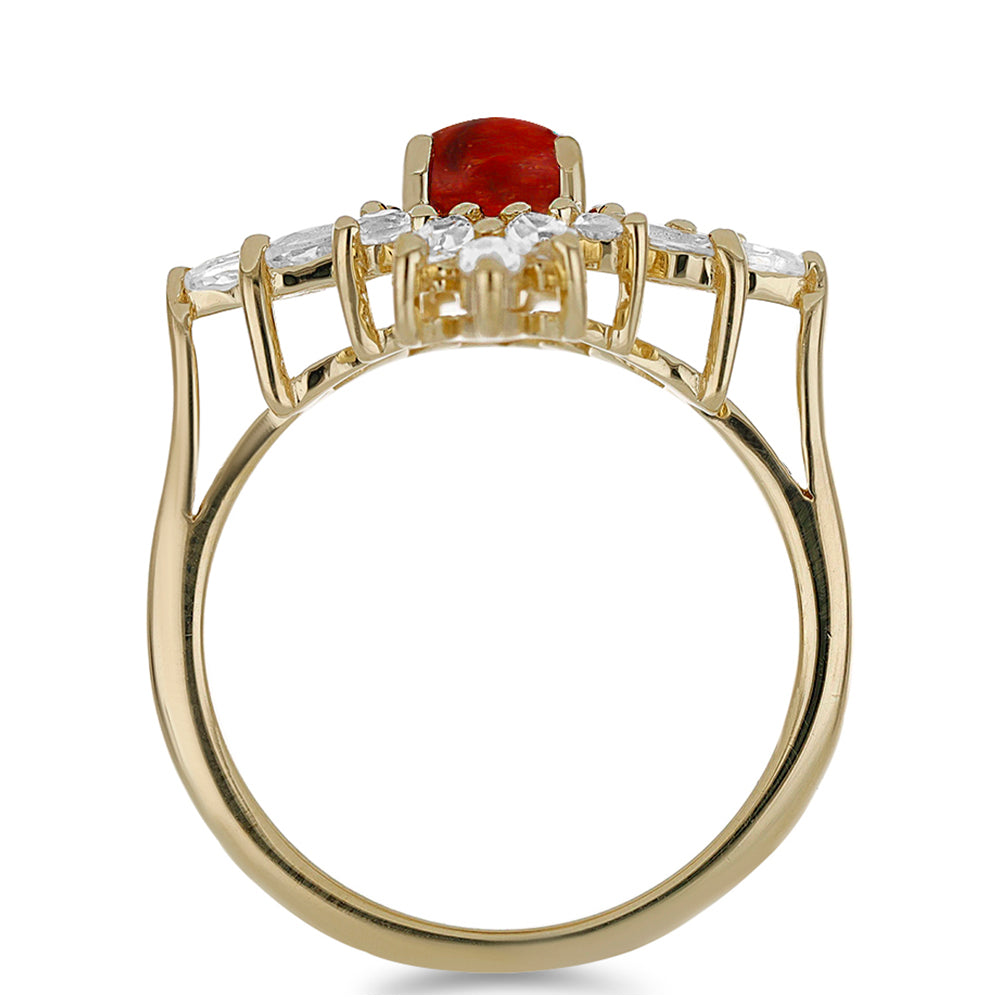 Anillo de Plata Bañada en Oro con Coral Rojo y Topacio Blanco 2 