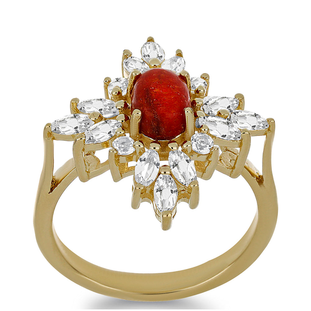 Anillo de Plata Bañada en Oro con Coral Rojo y Topacio Blanco 3 