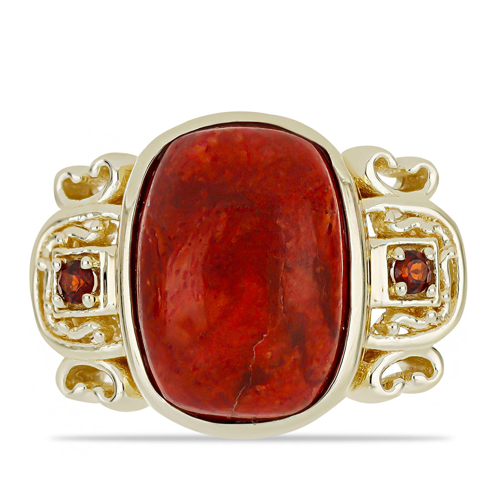 Anillo de Plata Bañada en Oro con Coral Rojo y Granate Barton 1 