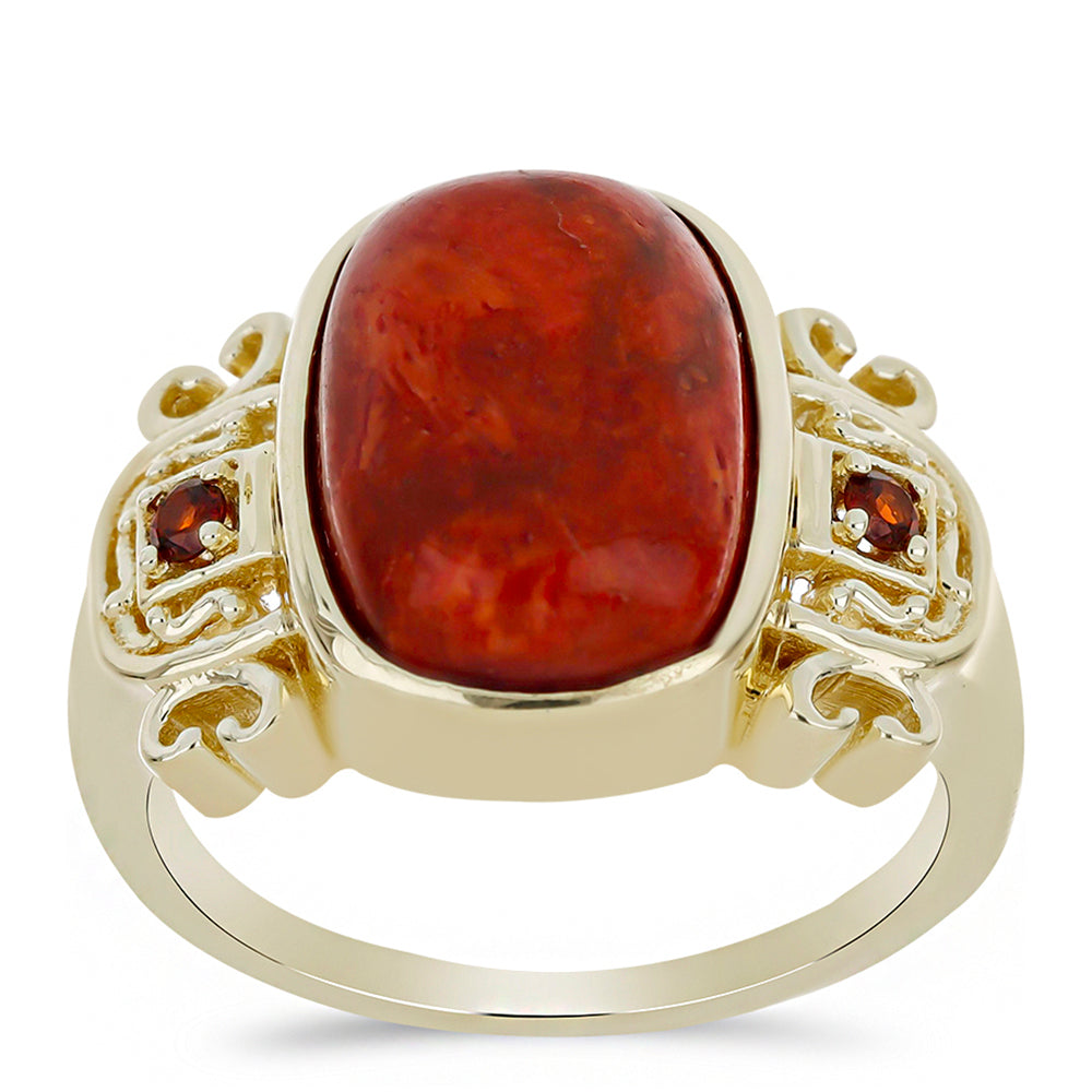 Anillo de Plata Bañada en Oro con Coral Rojo y Granate Barton 3 